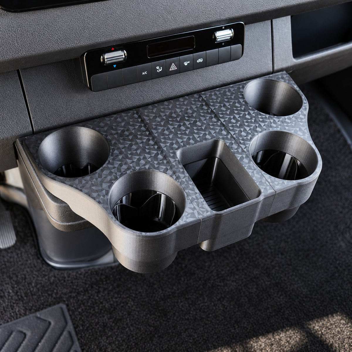QuadCore Cupholder in Forged Carbon Fiber finish installed in a VS30 Sprinter