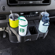 Forged Carbon Fiber QuadCore Cupholder holding four bottles and tumblers