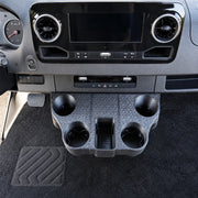Wide view of the Forged Carbon Fiber QuadCore Cupholder below the Sprinter dashboard