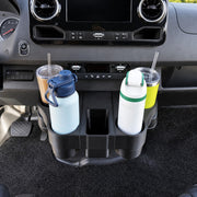 Carbon Fiber Texture QuadCore Cupholder holding four drinks in a Sprinter