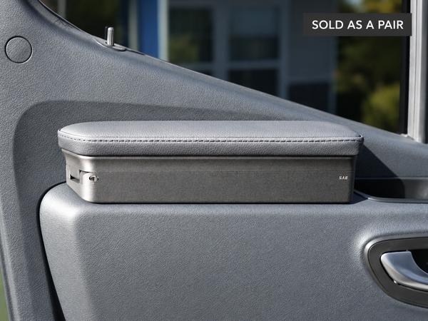 Limited-edition Sprinter Armor armrest with custom stitched OEM gray leather, sold as a driver and passenger pair